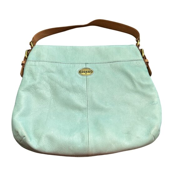 Fossil Purse Light Teal Green Aqua Shoulder Bag Leather Cowhide Fold-Over - Picture 1 of 11